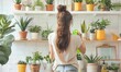 © Daniela - A young woman tends to plants in an indoor garden filled with lush greenery and colorful flowers, symbolizing growth, care, and a passion for gardening in a serene environment