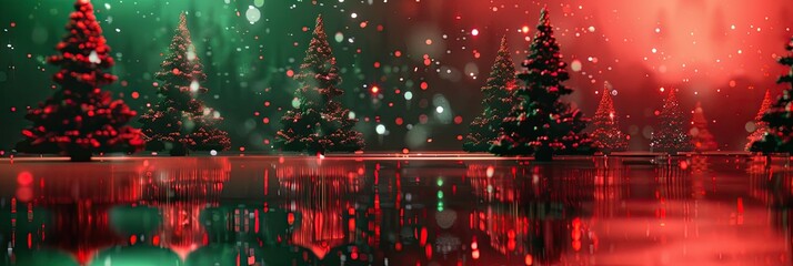 Wall Mural - Red and green abstract background with floating, digital holiday trees