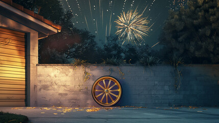 a single wheel with golden rims standing against a the small wall of a garage backyard. Above the wall, the sky with fireworks.Night time