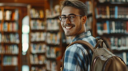 Wall Mural - Handsome Smile student man with backpack and books in library, education, university, cheerful, college, happy, standing, school, backpack, attractive, enjoyment, confidence