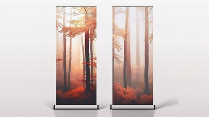 
Set of two different empty roll up banners with printed gradient landscape, on white wall. Autumn forest design, soft colors.