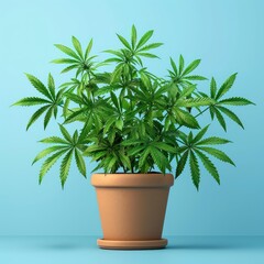 Healthy potted cannabis plant with vibrant green leaves against a blue background, perfect for themes of cultivation and nature.