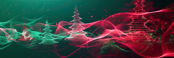 Red and green abstract background with floating, digital holiday trees