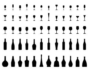 Black silhouettes of wine bottles and glasses on a white background	