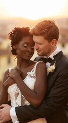 Wall Mural - A bride and groom are embracing each other in a wedding photo