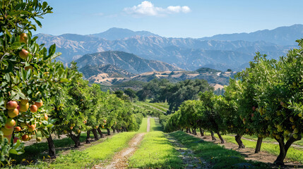 Wall Mural - apples trees orchard against mountain and blue sky clouds.