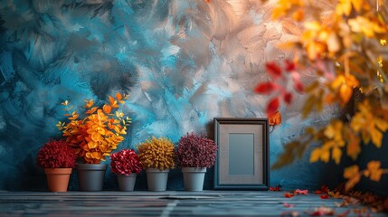 Poster - Autumn Plants with a Rustic Blue Wall Background