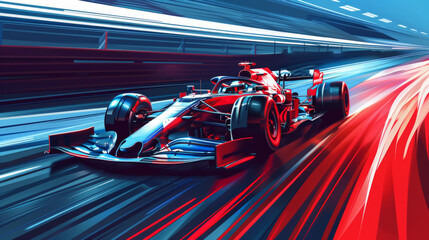 Wall Mural - a vibrant image of a red formula one car racing on a curved track at night with blurred light trails