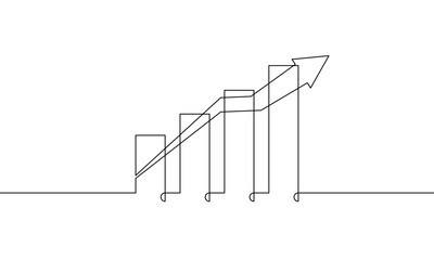 Wall Mural - Continuous line drawing of increasing arrow up with graph. Illustration vector of business growth icon flat. Single line art of bar chart. object one line sign symbol 