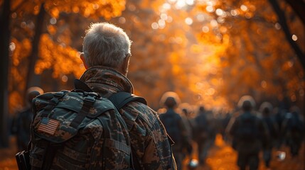 Veteran Walking Through Autumn Forest