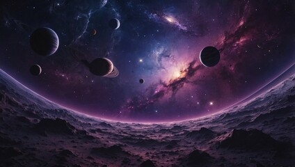 Poster - Unique purple cosmic wallpaper with planets and stars, showcasing a surreal galaxy