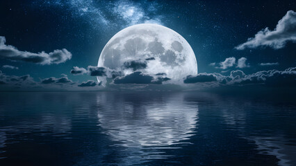 night sky with blue moon in the clouds over the calm blue sea. silhouette of the grass against full 