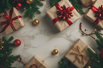 Sticker - Top view of wrapped presents among festive ornaments and pine branches on a chic marble surface