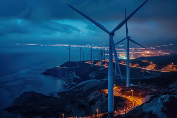 Wind Turbines Overlooking Coastal City at Dusk