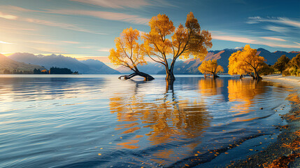 Sticker - The Wanaka trees stand majestically in the tranquil waters of Lake Wanaka, bathed in the golden hues of sunrise