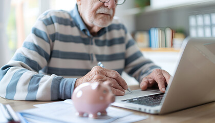 Piggy bank in soft focus on desk with blurred elderly man using laptop to fill out Internet pension application, do accounting and paperwork at home, manage personal finance or pay bills online