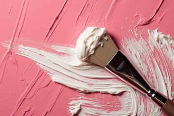 Sticker - Close-up of a paintbrush on a textured pink surface covered with a stroke of white paint