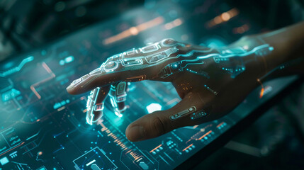 Wall Mural - closeup hand using computer monitoring ai performance artificial intelligence
