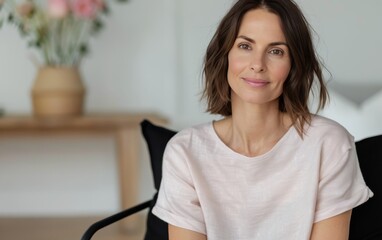 Wall Mural - Woman In Pink T-Shirt Sitting In A Chair