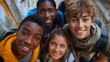 © YURY YUTY - Group of teenagers smiling warmly, standing close together outdoors, showcasing their friendship.