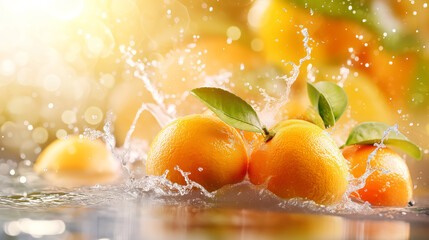 Wall Mural - Fresh Oranges with Water Splash in Sunlight