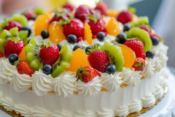 Sticker - Close-up view of a delicious cream cake garnished with fresh strawberries, kiwi, and blueberries