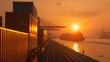 © KRIANG - Golden Hour Cargo: A captivating silhouette of cargo containers bathed in the warm glow of a setting sun, reflecting on the tranquil waters of a harbor. This image evokes themes of global trade, logis