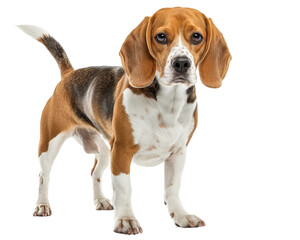 Wall Mural - A brown and white dog with a black nose stands in front of a white background