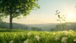 © KRIANG - Golden Hour Serenity: A lone sapling reaches for the sun in a tranquil meadow, bathed in the warm glow of sunrise, with rolling hills fading into the distance.