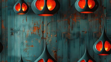 Wall Mural -   Red lights suspended on wood wall, illuminating rusty metal background