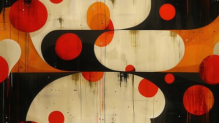 Sticker -   An abstract painting featuring red and white circles on a dark orange backdrop with white circle accents