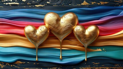 Wall Mural -   A trio of golden hearts against a vibrant background of blue, red, yellow, and green waves, painted in gold