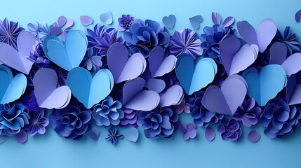 Wall Mural -   A collection of purple and blue paper blooms set against a blue canvas backdrop, with a butterfly gracing the left edge of the frame