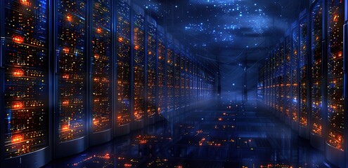 Wall Mural - a black and neon orange network server room in a foggy room