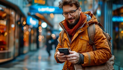 Man in a yellow jacket with a backpack, using a smartphone in a busy, brightly lit urban street during evening. Winter clothing. City background.