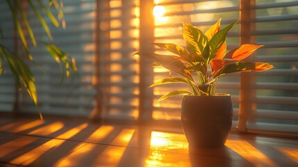 Wall Mural -  A potted plant rests on a table, bathed in sunlight streaming through the window blinds