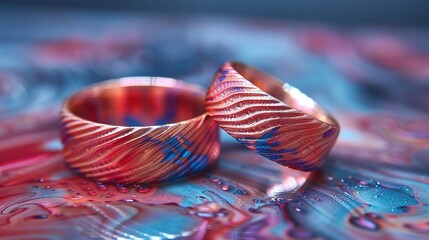 Wall Mural -   A pair of wedding rings rest atop a blue-red table, adorned with water droplets