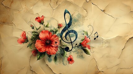 Wall Mural -   A painting of flowers and music notes on parchment paper with grunge background effects