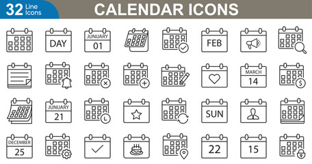 Wall Mural - calendar line icons set. schedule, month, holiday, week, time, reminder, task, weekday, appointment 