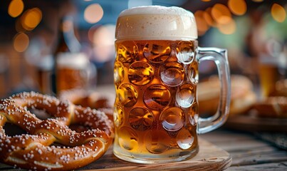 Close-up of a frothy beer mug with a pretzel beside it at the Oktoberfest festival.