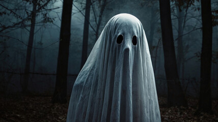 creepy ghost in white sheet with black eyes and mouth, standing on moonlit night in forest among trees