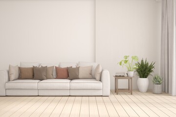 Wall Mural - White living room with sofa. Scandinavian interior design. 3D illustration