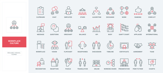 Business communication in office workplace, corporate company structure and organization, KPI line icon set. Workforce flowchart, employee thin black and red outline symbols vector illustration