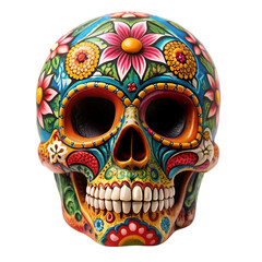 A colorful skull with flowers and butterflies painted on it. The skull is smiling and has a happy expression