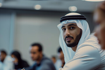 Wall Mural - Businessman Wearing Traditional Middle Eastern Attire in Corporate Meeting