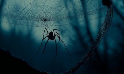 Halloween A spider is hanging from a web in the dark