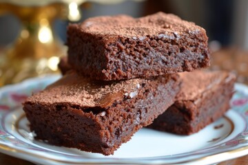 Sticker - Freshly baked chocolate brownies dusted with cocoa powder on a decorative plate