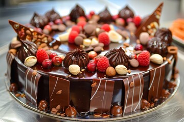 Sticker - Elegant chocolate cake topped with fresh berries, nuts, and chocolate pieces on a kitchen counter