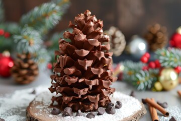 Wall Mural - Artisanal chocolate christmas tree on a wooden slice with holiday decorations