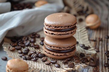 Wall Mural - Closeup of decadent chocolate macarons surrounded by aromatic coffee beans on a wooden surface